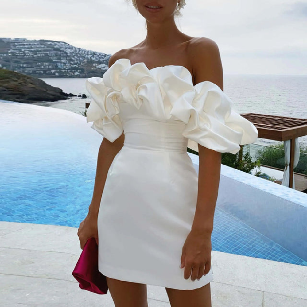 Chloe | Women’s Off Shoulder Solid Color Mini Dress | Ruffle Sleeves Fitted Shape Wedding Guest-Women Dress-Pick NewYork