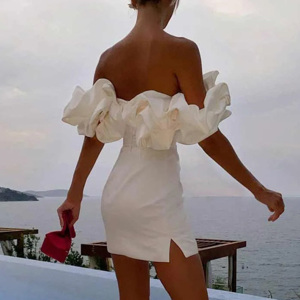 Chloe | Women’s Off Shoulder Solid Color Mini Dress | Ruffle Sleeves Fitted Shape Wedding Guest-Women Dress-Pick NewYork
