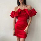 Chloe | Women’s Off Shoulder Solid Color Mini Dress | Ruffle Sleeves Fitted Shape Wedding Guest-Women Dress-Pick NewYork