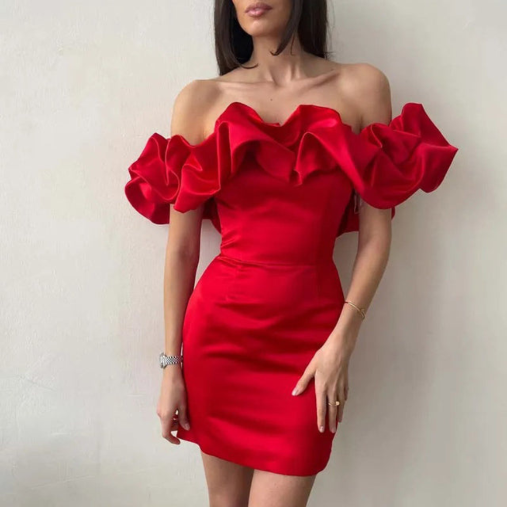 Chloe | Women’s Off Shoulder Solid Color Mini Dress | Ruffle Sleeves Fitted Shape Wedding Guest-Women Dress-Pick NewYork