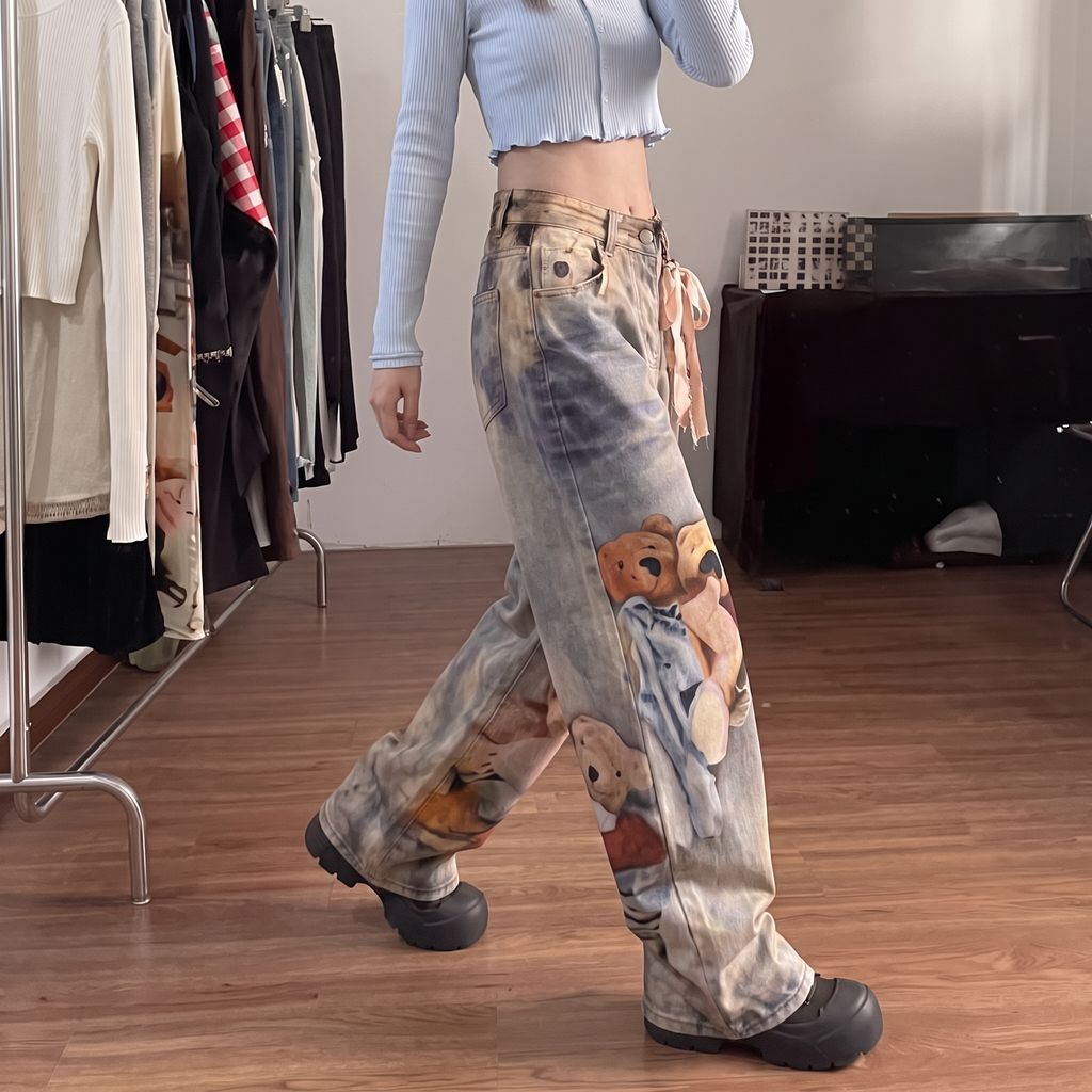 Chloe | Women's Wide-Leg Jeans | Bear Print-PNY