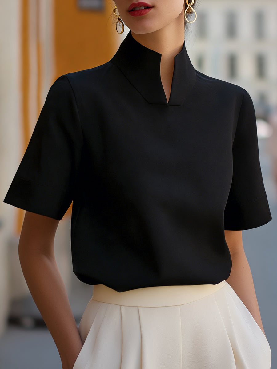 Claire | Women’s Short Sleeve Blouse | Stand Collar Office Wear-Women Blouse-Pick NewYork