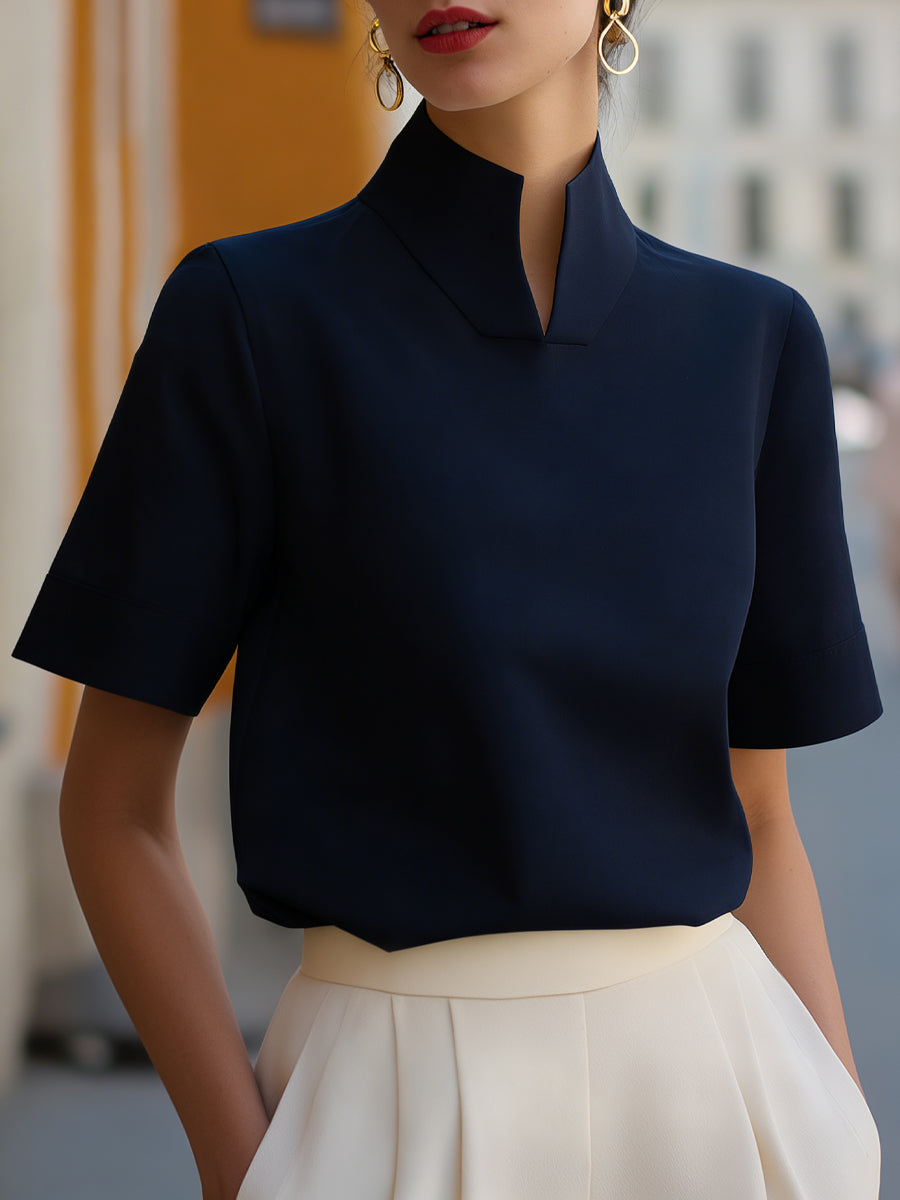 Claire | Women’s Short Sleeve Blouse | Stand Collar Office Wear-Women Blouse-Pick NewYork