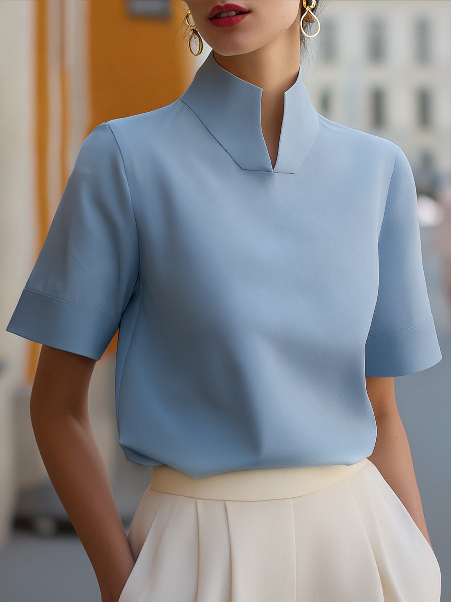 Claire | Women’s Short Sleeve Blouse | Stand Collar Office Wear-Women Blouse-Pick NewYork
