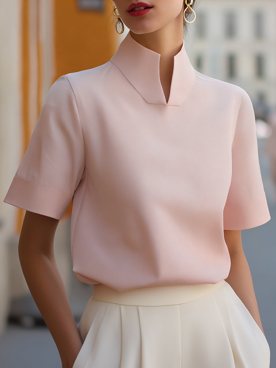 Claire | Women’s Short Sleeve Blouse | Stand Collar Office Wear-Women Blouse-Pick NewYork