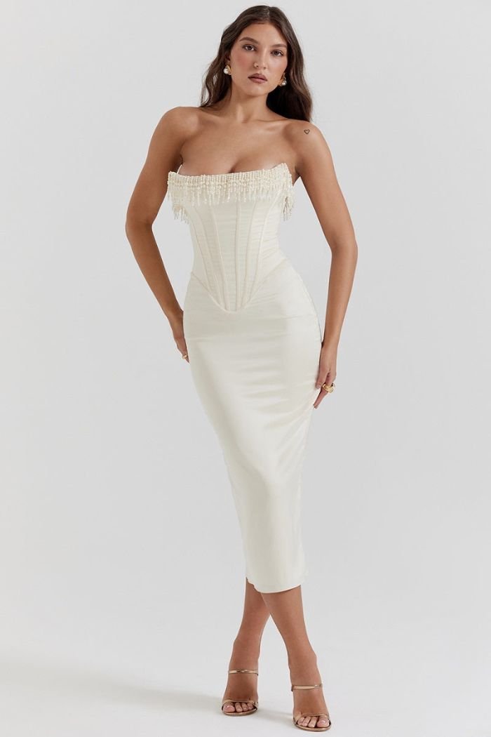 Colette | Women’s Strapless Midi Dress | Corset Fringe Wedding Guest-Women Dress-Pick NewYork