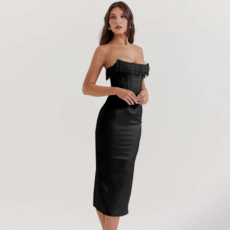 Colette | Women’s Strapless Midi Dress | Corset Fringe Wedding Guest-Women Dress-Pick NewYork