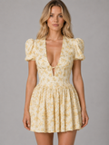 Daisy | Women's Floral Print Mini Dress | Puff Sleeve Keyhole-Women Dress-Pick NewYork