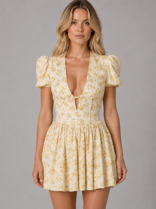 Daisy | Women's Floral Print Mini Dress | Puff Sleeve Keyhole-Women Dress-Pick NewYork