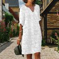 Eleanor | Women's Floral Applique Shift Dress | V Neck Three Quarter Sleeve-Women Dress-Pick NewYork