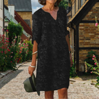 Eleanor | Women's Floral Applique Shift Dress | V Neck Three Quarter Sleeve-Women Dress-Pick NewYork