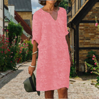 Eleanor | Women's Floral Applique Shift Dress | V Neck Three Quarter Sleeve-Women Dress-Pick NewYork