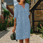 Eleanor | Women's Floral Applique Shift Dress | V Neck Three Quarter Sleeve-Women Dress-Pick NewYork