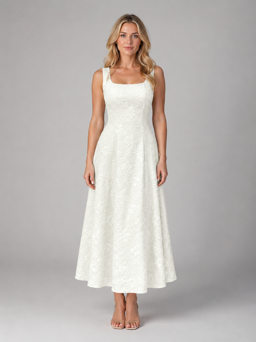 Evelyn | Women's Floral Textured Midi Dress | Square Neck A Line-Women Dress-Pick NewYork