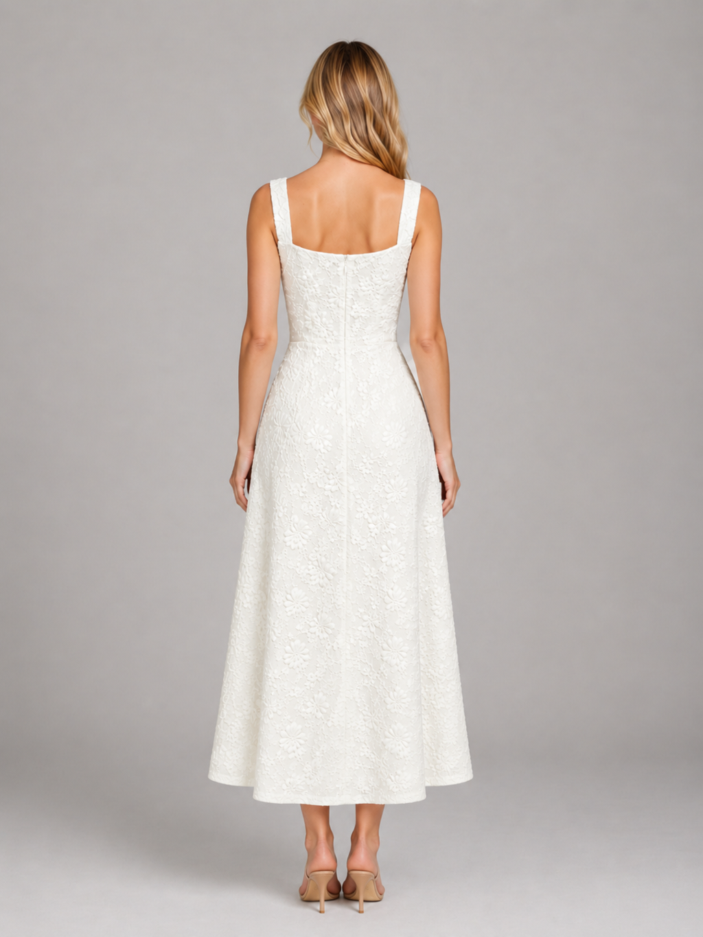 Evelyn | Women's Floral Textured Midi Dress | Square Neck A Line-Women Dress-Pick NewYork
