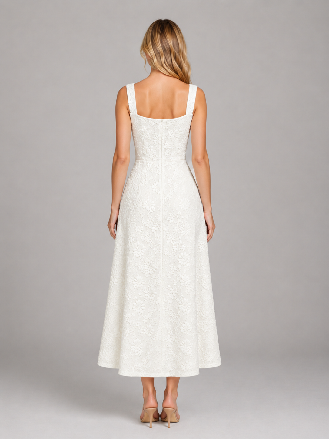 Evelyn | Women's Floral Textured Midi Dress | Square Neck A Line-Women Dress-Pick NewYork