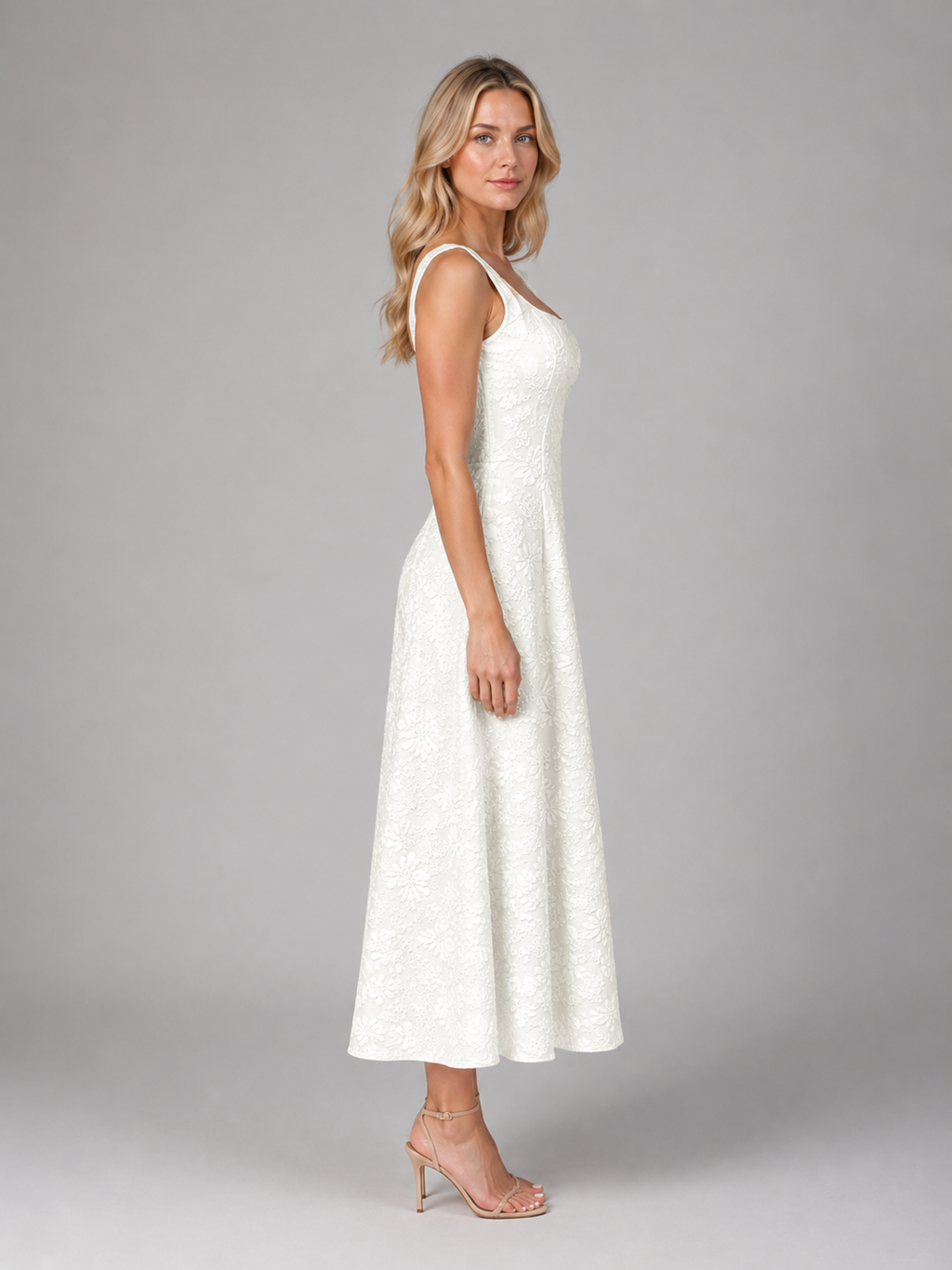 Evelyn | Women's Floral Textured Midi Dress | Square Neck A Line-Women Dress-Pick NewYork