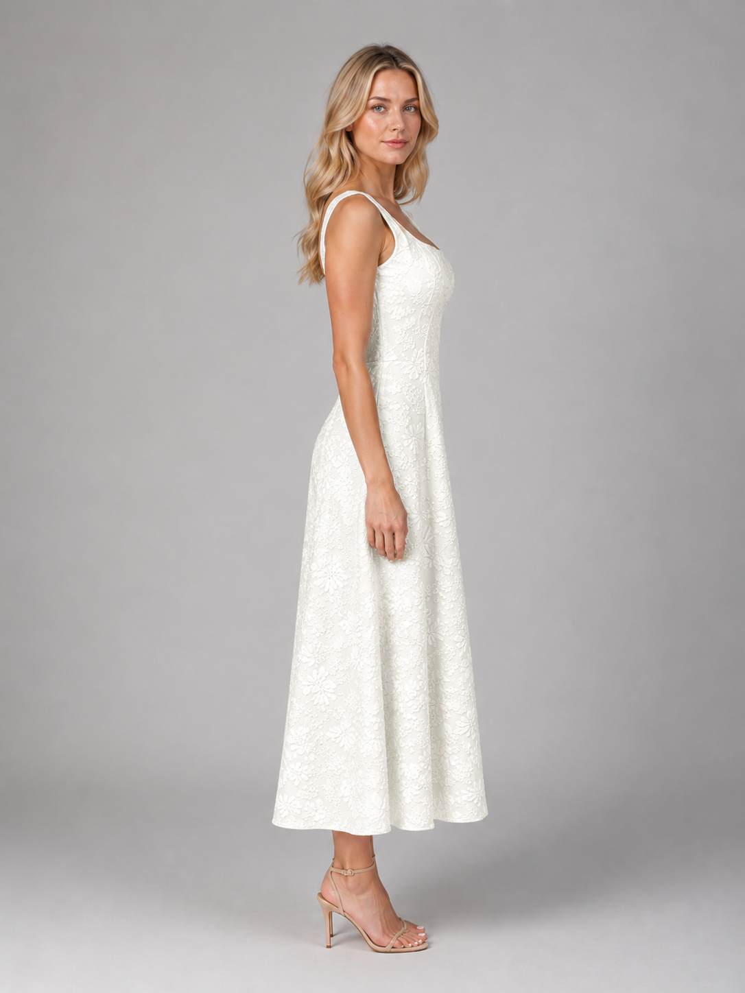 Evelyn | Women's Floral Textured Midi Dress | Square Neck A Line-Women Dress-Pick NewYork