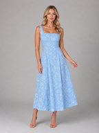 Evelyn | Women's Floral Textured Midi Dress | Square Neck A Line-Women Dress-Pick NewYork
