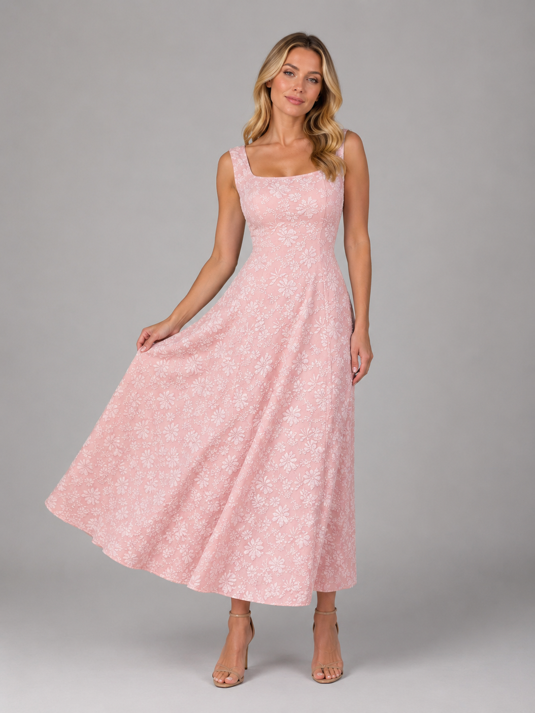 Evelyn | Women's Floral Textured Midi Dress | Square Neck A Line-Women Dress-Pick NewYork