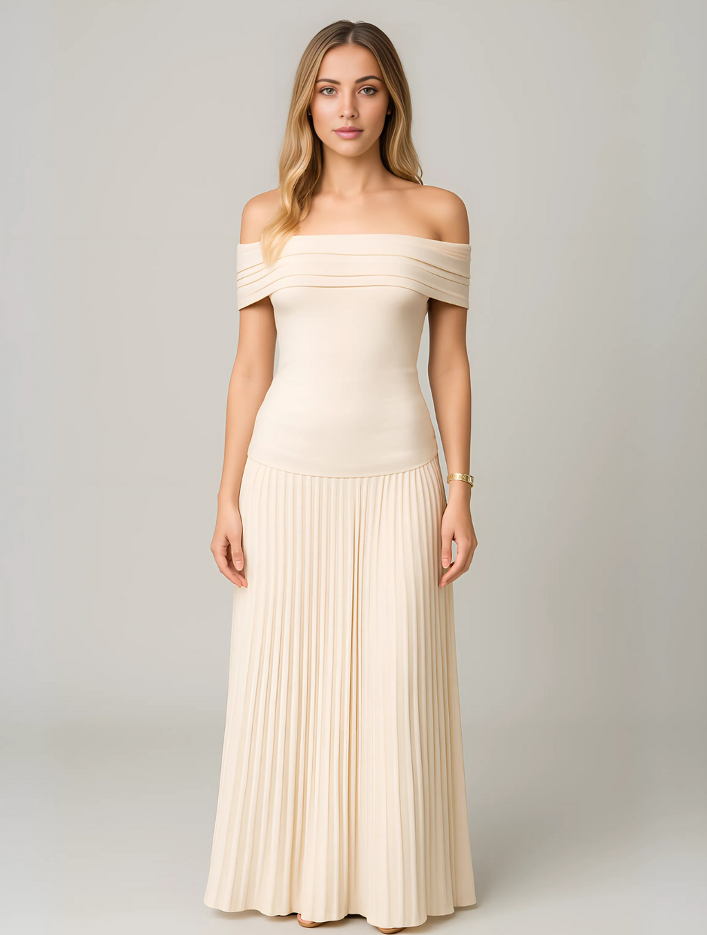 Everly | Women’s Off Shoulder Pleated Maxi Dress | Foldover Neckline Floor Length Wedding Guest-Women Dress-Pick NewYork