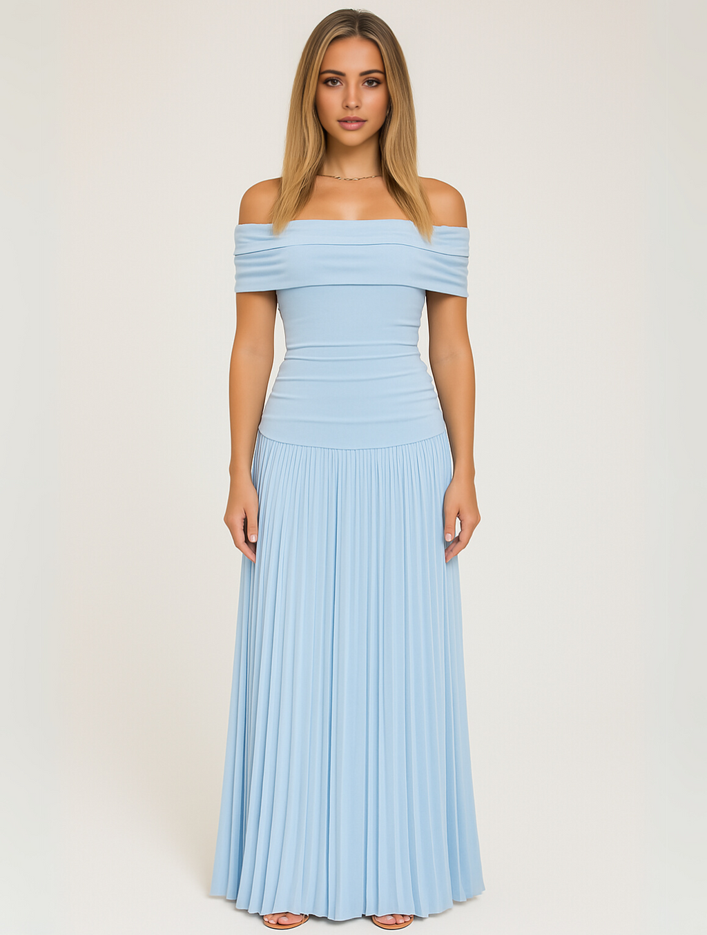 Everly | Women’s Off Shoulder Pleated Maxi Dress | Foldover Neckline Floor Length Wedding Guest-Women Dress-Pick NewYork