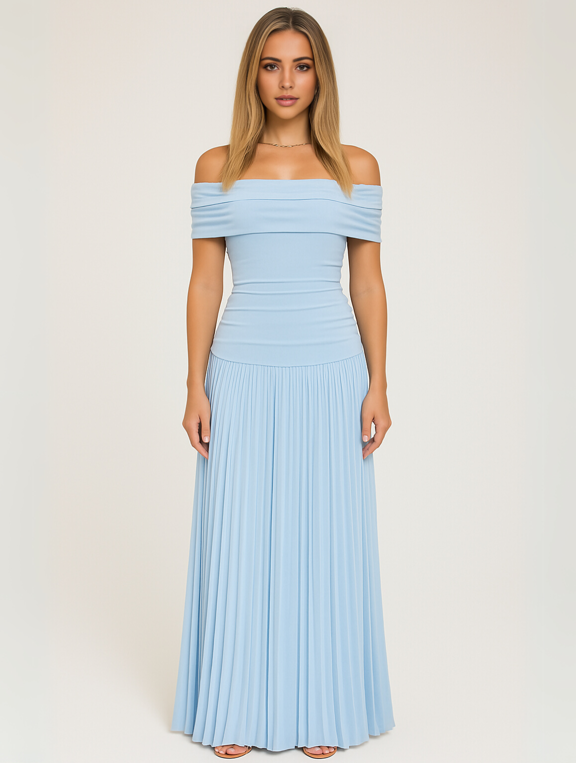 Everly | Women’s Off Shoulder Pleated Maxi Dress | Foldover Neckline Floor Length Wedding Guest-Women Dress-Pick NewYork