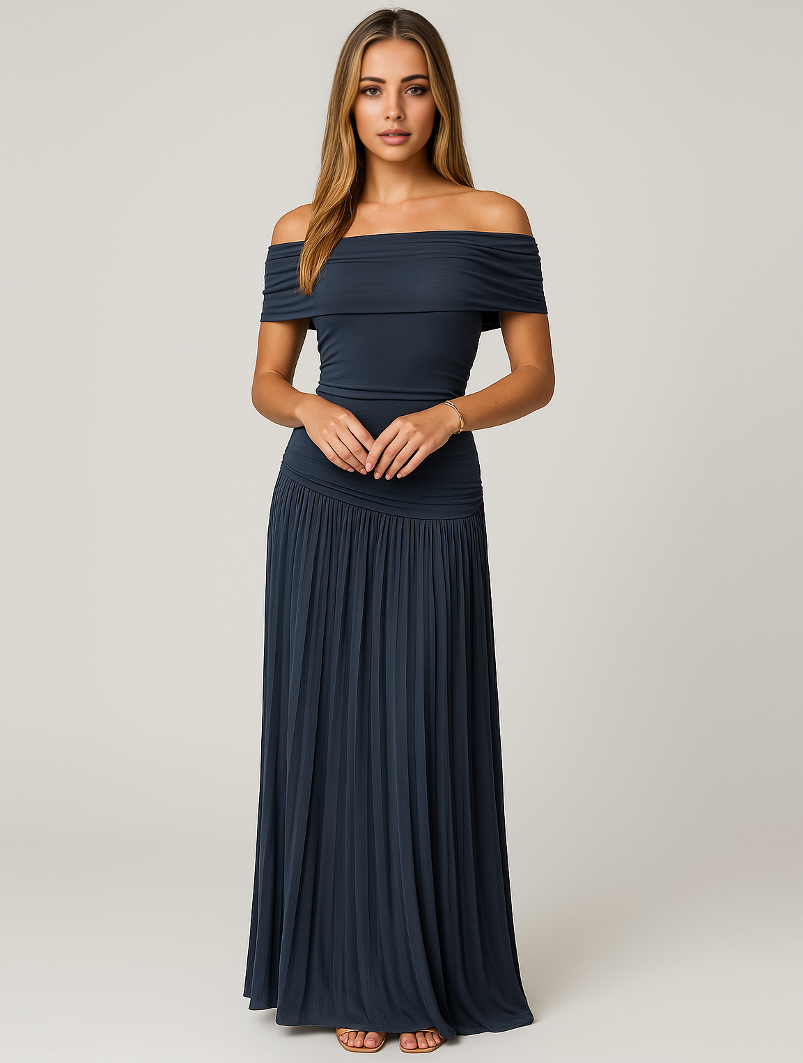 Everly | Women’s Off Shoulder Pleated Maxi Dress | Foldover Neckline Floor Length Wedding Guest-Women Dress-Pick NewYork