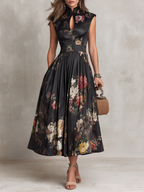 Genevieve | Women’s Floral Midi Dress | Mandarin Collar Pleated Wedding Guest Dress-Women Dress-Pick NewYork