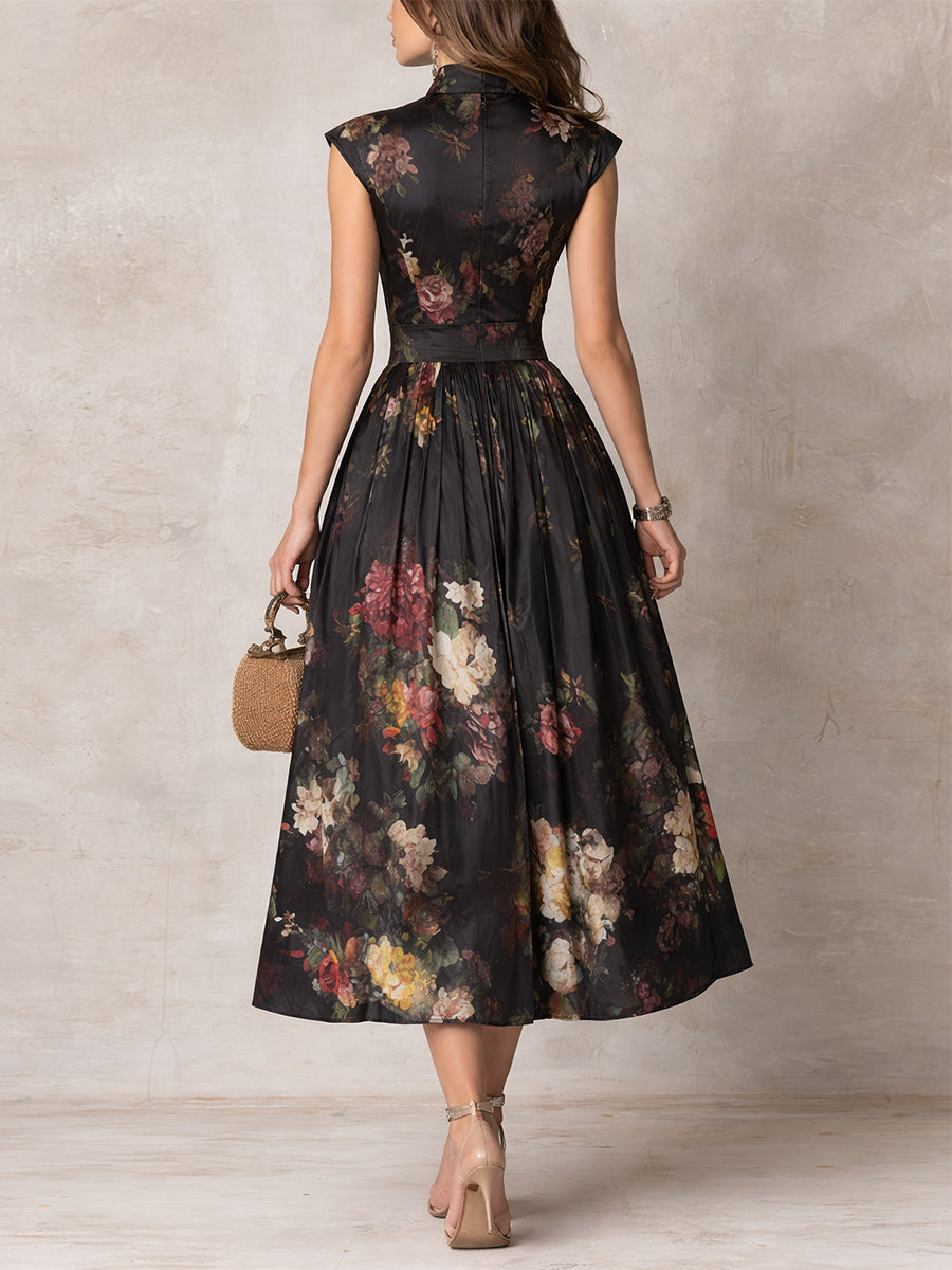 Genevieve | Women’s Floral Midi Dress | Mandarin Collar Pleated Wedding Guest Dress-Women Dress-Pick NewYork