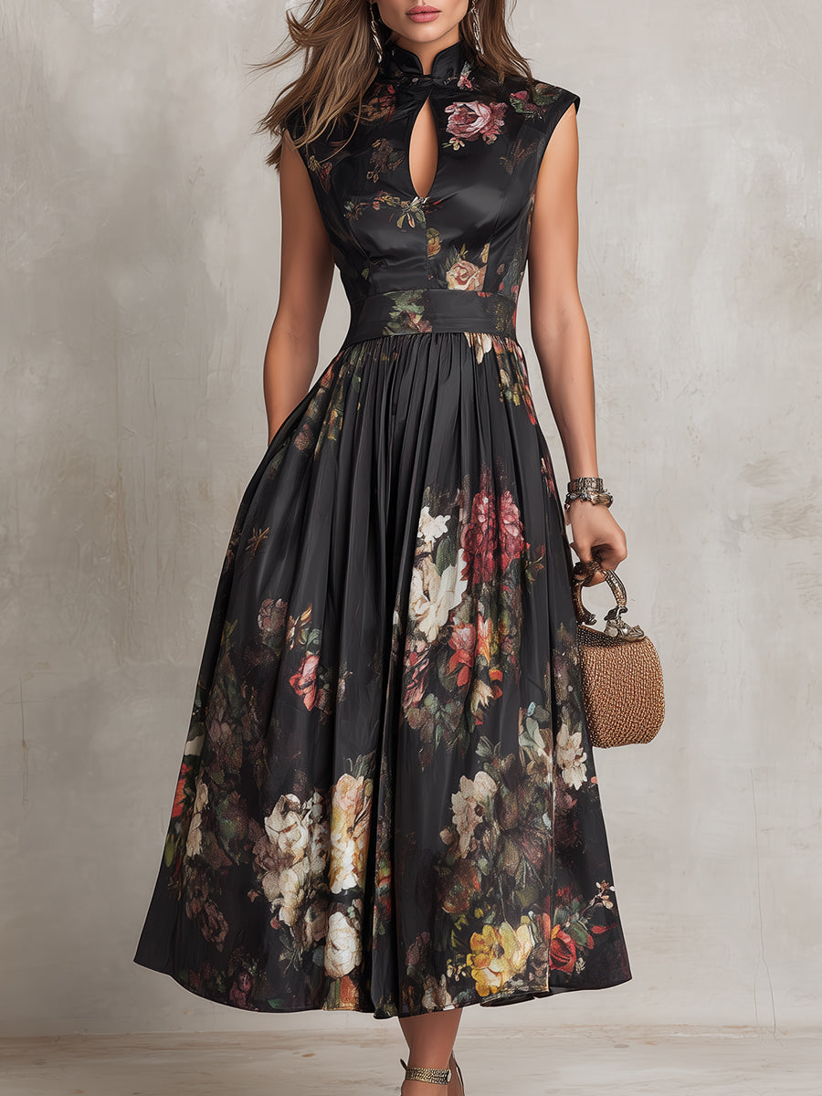 Genevieve | Women’s Floral Midi Dress | Mandarin Collar Pleated Wedding Guest Dress-Women Dress-Pick NewYork