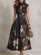 Genevieve | Women’s Floral Midi Dress | Mandarin Collar Pleated Wedding Guest Dress-Women Dress-Pick NewYork