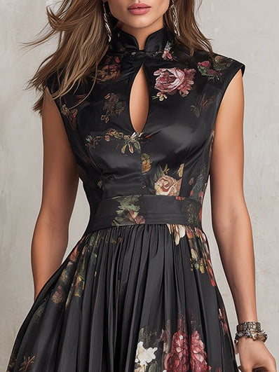 Genevieve | Women’s Floral Midi Dress | Mandarin Collar Pleated Wedding Guest Dress-Women Dress-Pick NewYork