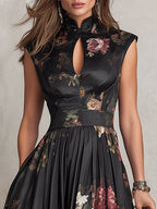 Genevieve | Women’s Floral Midi Dress | Mandarin Collar Pleated Wedding Guest Dress-Women Dress-Pick NewYork