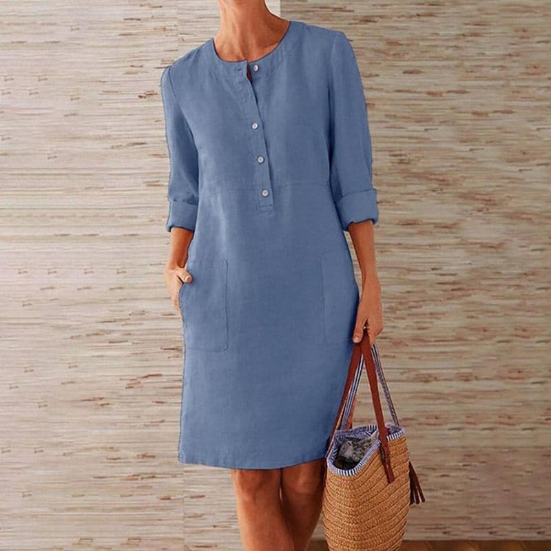 Harper | Women's Button Front Shift Dress | Three Quarter Sleeve Pockets-Women Dress-Pick NewYork