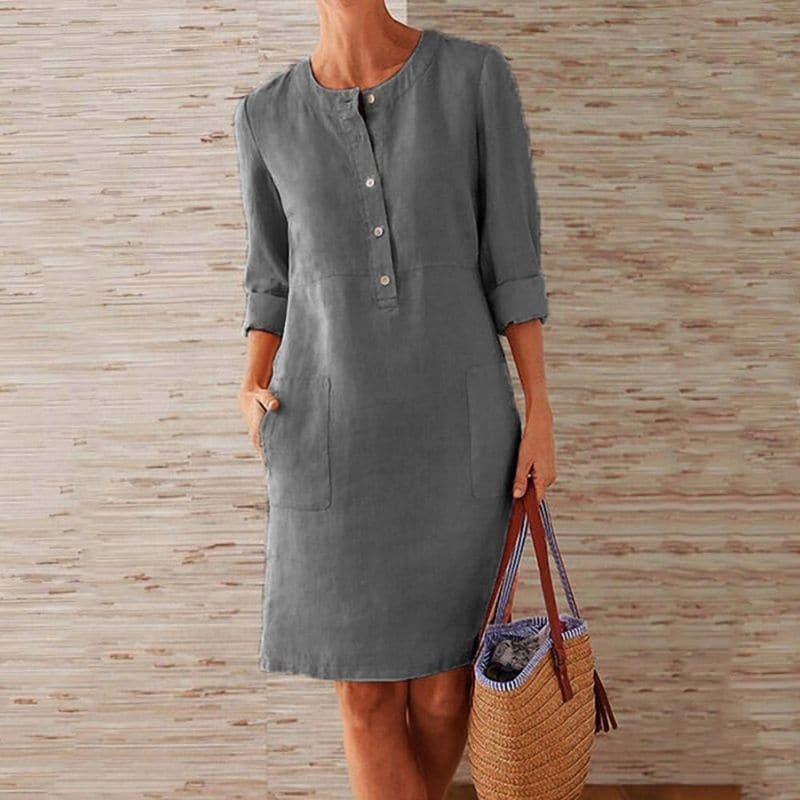 Harper | Women's Button Front Shift Dress | Three Quarter Sleeve Pockets-Women Dress-Pick NewYork