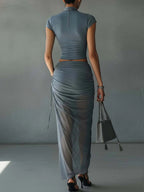Harper | Women's Ruched Two Piece Set | High Neck Draped Skirt-Women Outfit Set-Pick NewYork