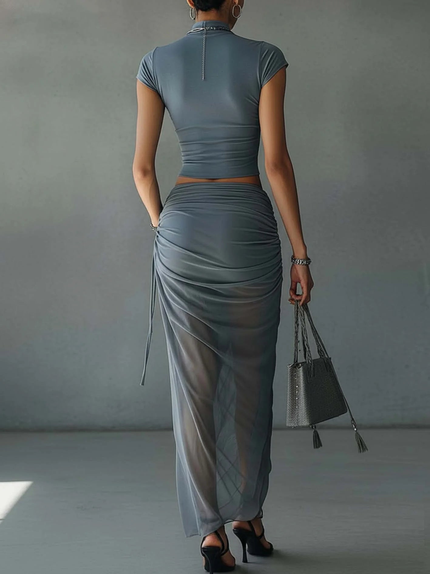 Harper | Women's Ruched Two Piece Set | High Neck Draped Skirt-Women Outfit Set-Pick NewYork