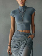 Harper | Women's Ruched Two Piece Set | High Neck Draped Skirt-Women Outfit Set-Pick NewYork