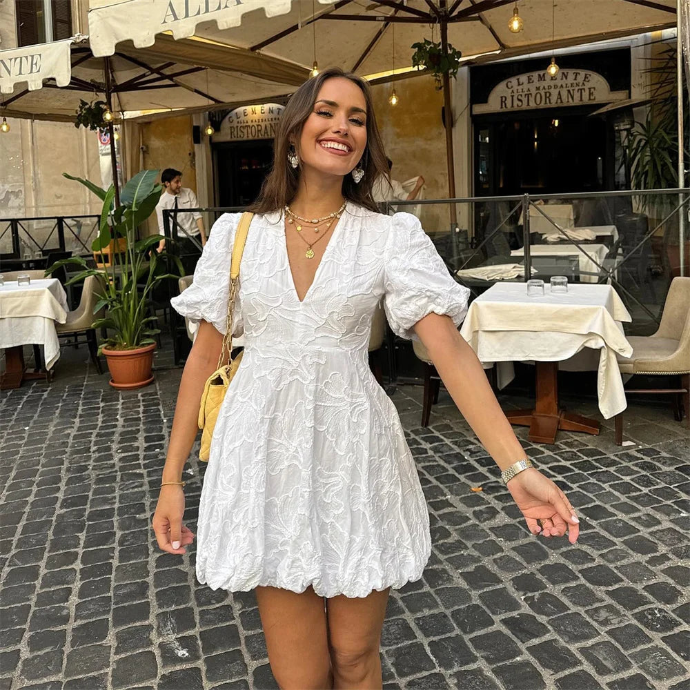 Hazel | Women’s Embroidered Mini Dress | V Neck Puff Sleeve Occasion Wear-Women Dress-Pick NewYork