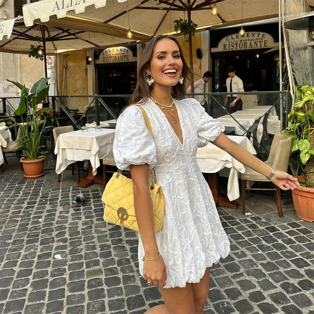 Hazel | Women’s Embroidered Mini Dress | V Neck Puff Sleeve Occasion Wear-Women Dress-Pick NewYork