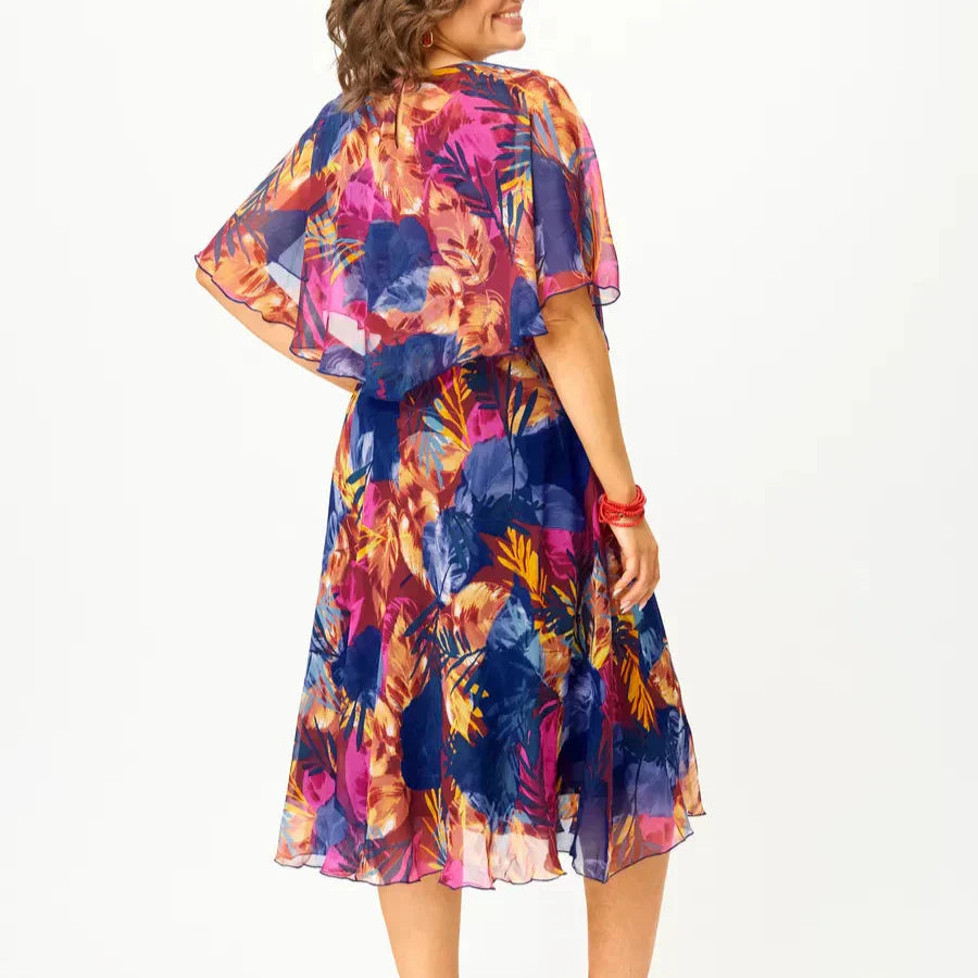 Hazel | Women's Floral Print Midi Dress | Cape Sleeve Overlay-Women Dress-Pick NewYork