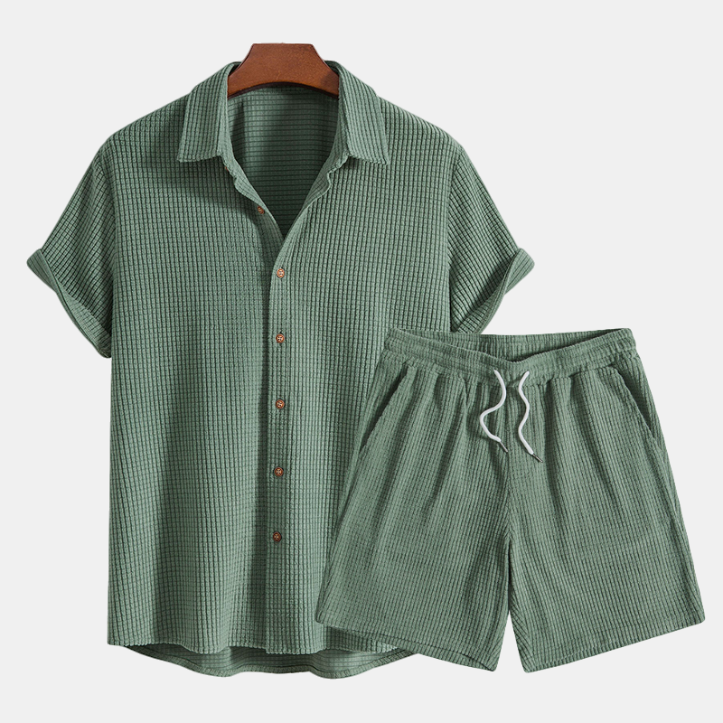 Landon | Men’s Shirt And Shorts Set | Button Front Drawstring Casual Wear-Men Outfit Set-Pick NewYork