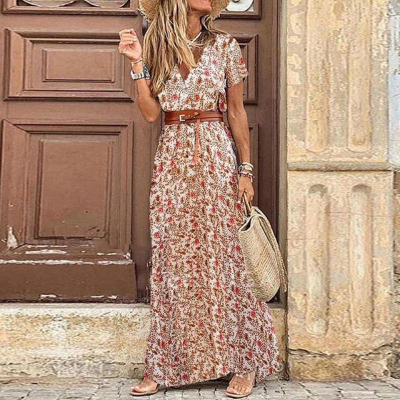 Lillian | Women’s Floral Print Maxi Dress | Short Sleeve Wedding Guest-Women Dress-Pick NewYork