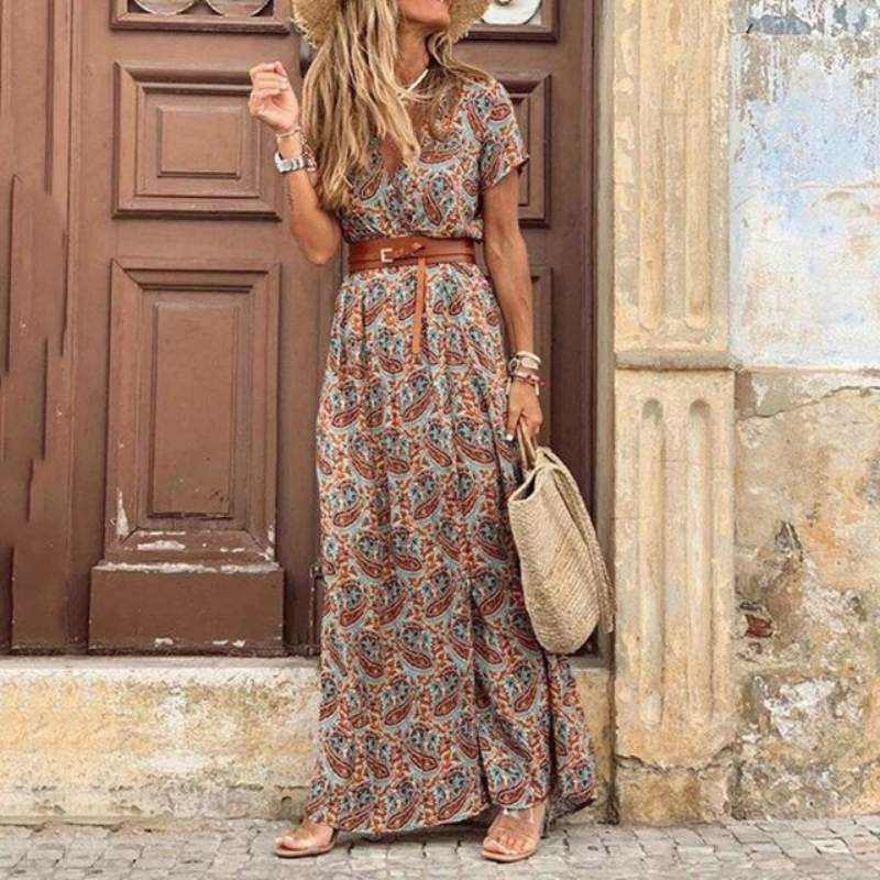 Lillian | Women’s Floral Print Maxi Dress | Short Sleeve Wedding Guest-Women Dress-Pick NewYork