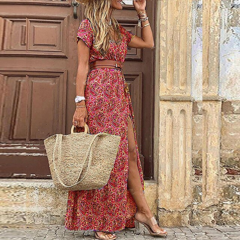 Lillian | Women’s Floral Print Maxi Dress | Short Sleeve Wedding Guest-Women Dress-Pick NewYork