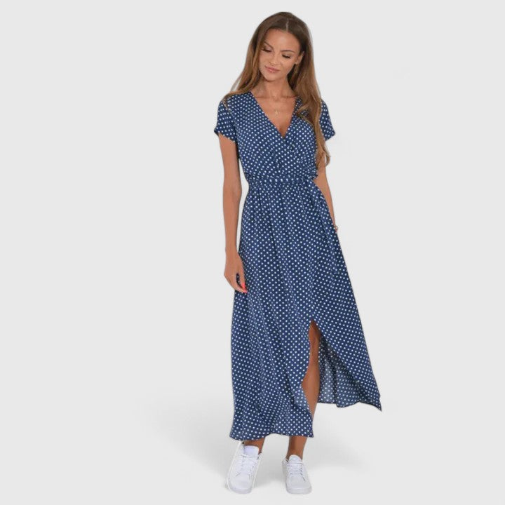 Lillian | Women’s Printed Wrap Maxi Dress | V Neck Short Sleeve-Women Dress-Pick NewYork