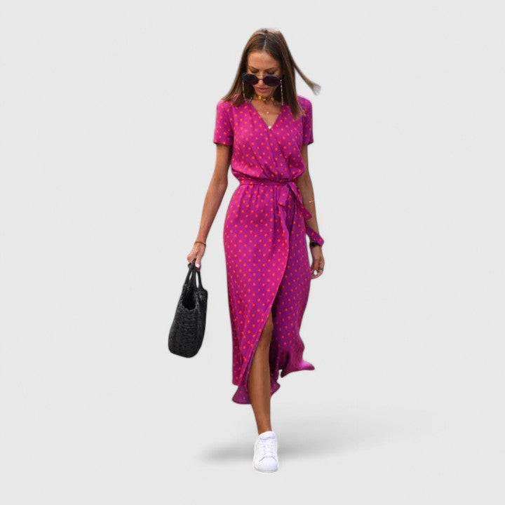 Lillian | Women’s Printed Wrap Maxi Dress | V Neck Short Sleeve-Women Dress-Pick NewYork