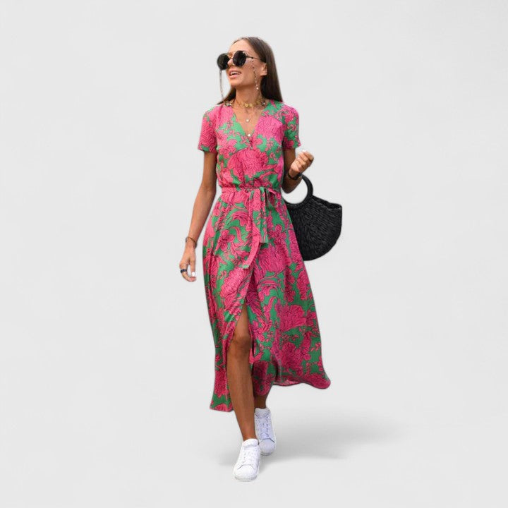 Lillian | Women’s Printed Wrap Maxi Dress | V Neck Short Sleeve-Women Dress-Pick NewYork