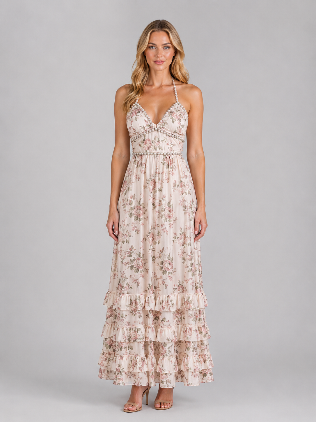 Luna | Women's Floral Print Maxi Dress | Halter Neck Ruffle Hem-Women Dress-Pick NewYork